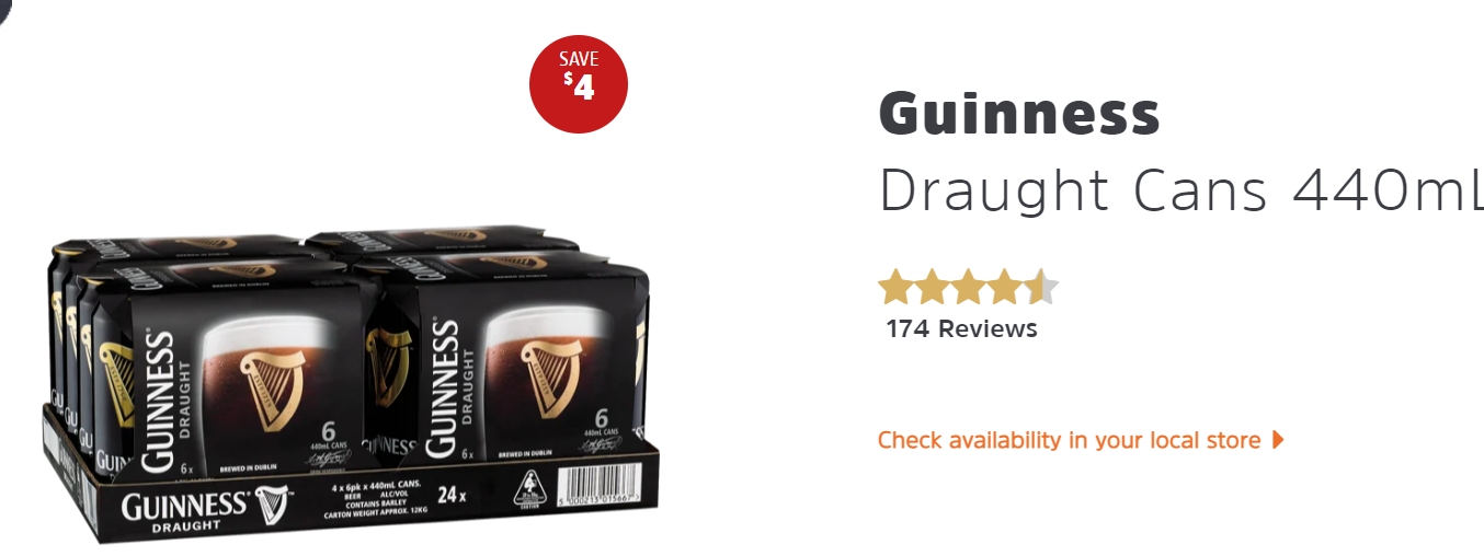 Guinness Draught 罐装啤酒 440mL，每罐3澳元，@BWS