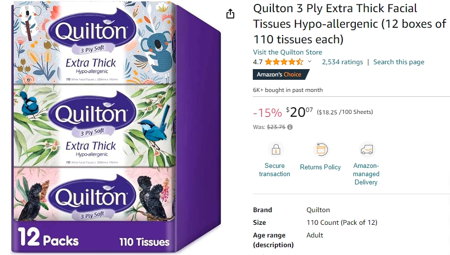 Quilton3层特厚低过敏性面巾纸，12盒，每盒110抽，最高15%折扣，折后$20.07! @ Amazon