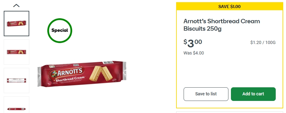 Arnott's 奶油酥饼饼干特价！现价$3.0，省$1.0！@ Woolworths
