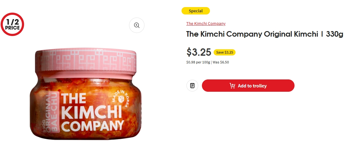 The Kimchi Company原味泡菜半价！330g，现价$3.25！@ Coles