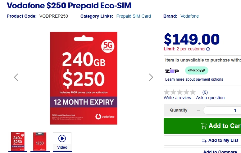 Vodafone $250 预付SIM卡，240GB流量，现价$149！@ Officeworks