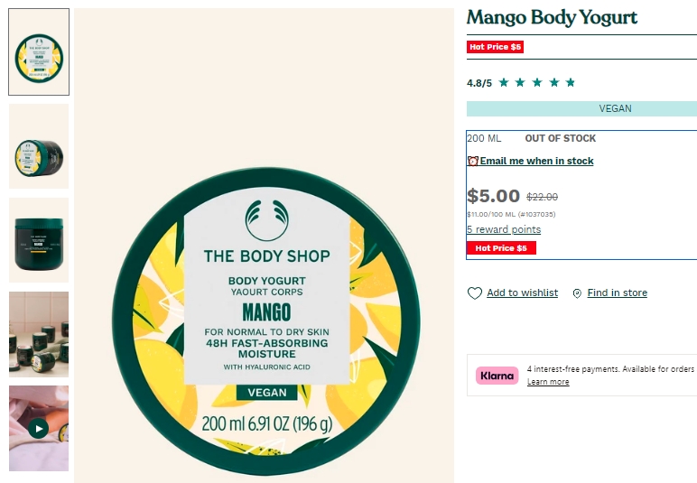 The Body Shop芒果身体黄油特价！77%折扣，现价$5.0！