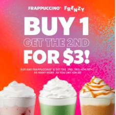 星巴克Frenzy活动：星冰乐第二件$3.0！@ Starbucks